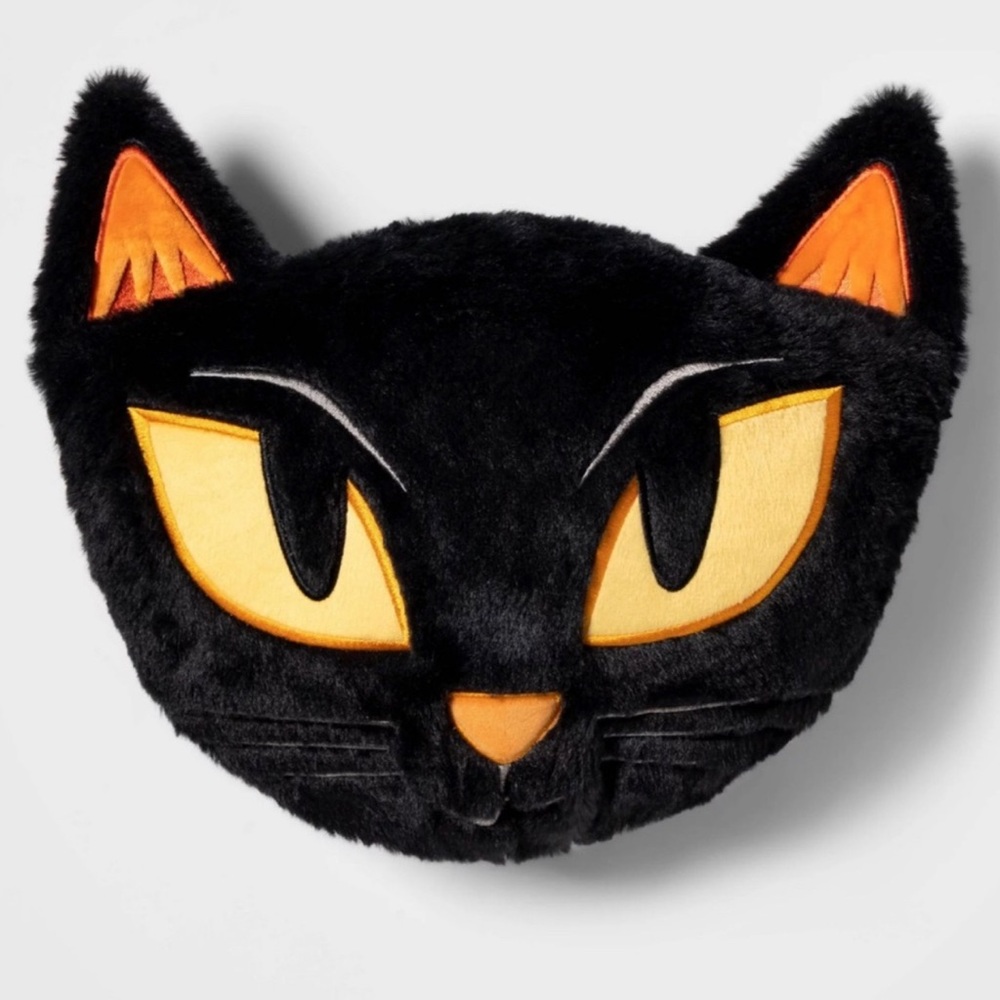 Pre owned cat pillow stuffed animal toy, black & yellow